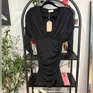 MESHKI Black Ruched Long Sleeve Mini Dress Deep V Neck Bodycon Size M NWT